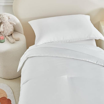 Toddler Bedding Set - 5 Piece Soft and Breathable Toddler Bed Set for Boys and Girls, Includes Quilted Comforter, Fitted Sheet, Flat Top Sheet, Standard Pillowcase and Toddler Pillowcase, White
