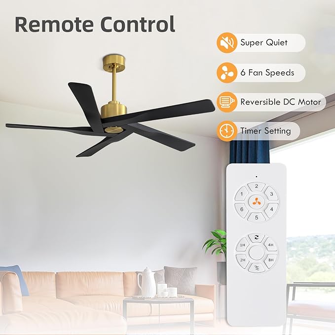 WINGBO 54" ABS DC Ceiling Fan No Light, 5 Blade ABS Plastic Ceiling Fan with Remote, 6-Speed Reversible DC Motor, Ceiling Fans without Light for Kitchen Bedroom Living Room, Brass and Matte Black