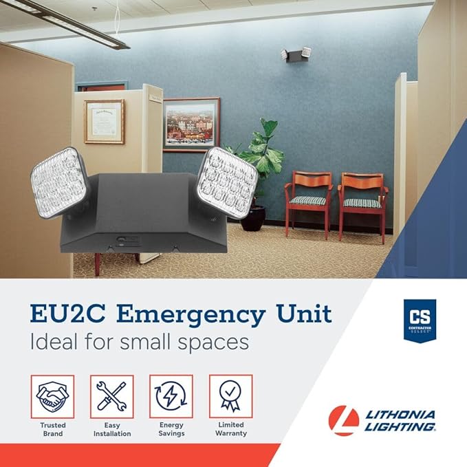 Lithonia Lighting Basics LED Emergency Light, Emergency Lighting with Dual Adjustable LED Lamp Heads, Wall Mount, Damp Location Rated, 90-Minute Backup, MVOLT, Black (EU2C B MVOLT M6)