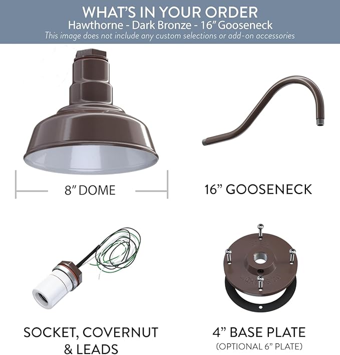 Steel Lighting Co. Hawthorne Barn Light | Outdoor Wall Mounted | 8 inch Dome | 16 inch Gooseneck| Small Farmhouse Light Made in America | Dark Bronze Exterior/White Interior