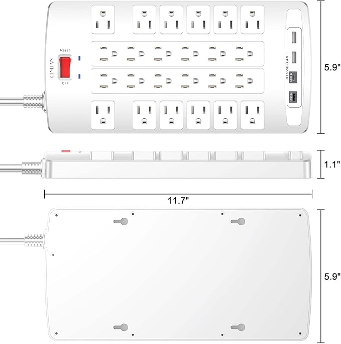 Surge Protector Power Strip - QINLIANF 20Ft Flat Plug Heavy Duty Extension Cord with 24 Outlets and 4 USB Ports(2 USB-C Ports), 1875W/15A, 4100J, for Home, Office, Dorm, ETL Listed, White