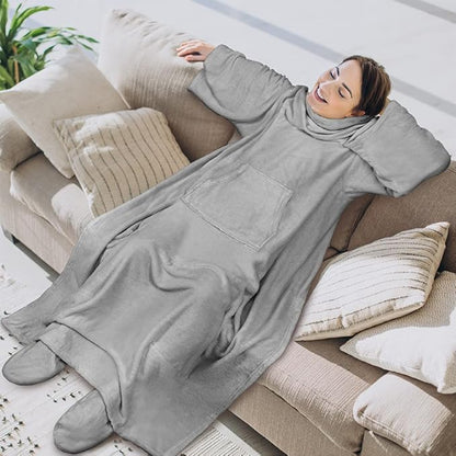 PAVILIA Fleece Blanket with Sleeves, Foot Pockets for Women Men Adults, Plush Wearable Blanket Throw Wrap, Warm Snuggle Blanket Robe, Cozy Gift Ideas Wife Mom, Light Gray