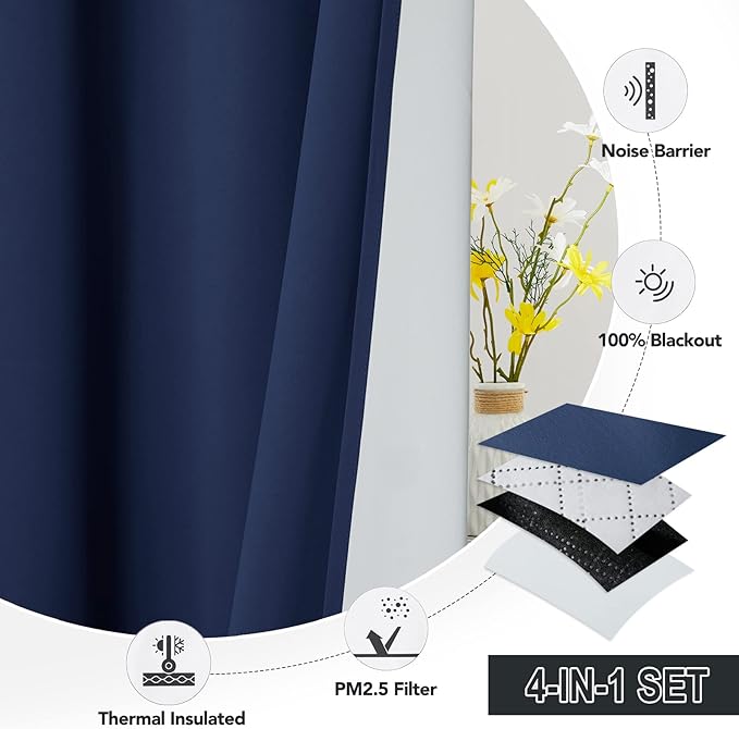 RYB HOME Soundproof Curtains for Bedroom, PM2.5 Particle Filter 100% Blackout Energy Saving Small Window Curtains for Baby Nursery Living Room Home Office, Navy Blue, W 42 x L 63 inches, 2 Pcs