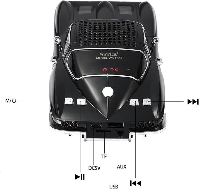 WSTER Retro American Style car Bluetooth Speaker, Portable Wireless Outdoor Speaker, TWS Stereo, Support USB/TF/AUX, Party Bluetooth Speaker with Microphone,Classic car Gifts for Men(Black)