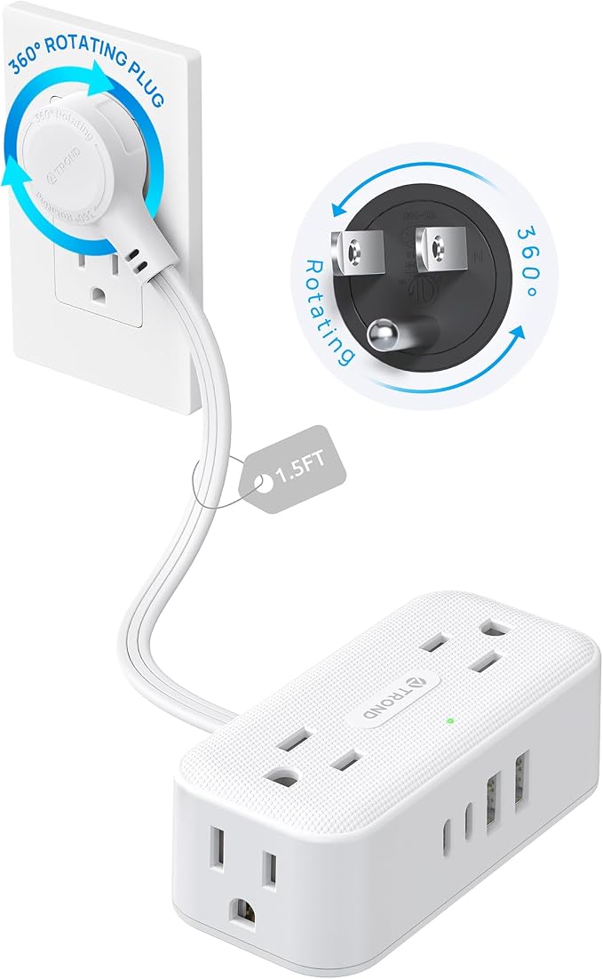 TROND 360° Rotating Flat Plug Power Strip 1.5ft, 4 Widely AC Outlets, Wall Mount by TRONDOfficial