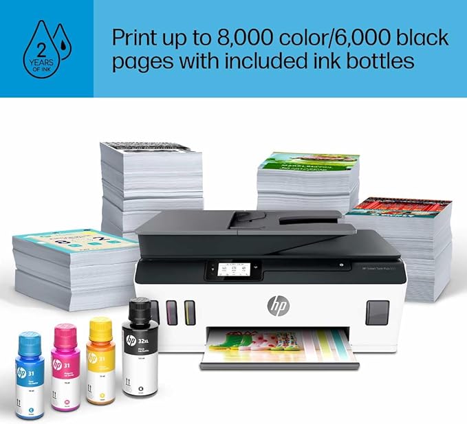 HP Smart Tank Plus 651 Wireless All-in-One Printer, Ink Tank Printer-for-Home Use, up to 2 Years of Ink in Bottles, Auto Document Feeder, Mobile Print, Scan, Copy, Fax (7XV38A)