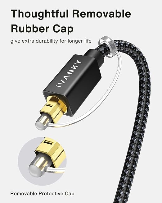 IVANKY Optical Audio Cable 6ft/1.8M, Nylon Braided, 24K Gold-Plated, Slim Metal Case, CL3 Rated, S/PDIF Toslink Digital Audio Fiber Optic Cable for Home Theater, Sound Bar, TV, PS4, Xbox, Samsung