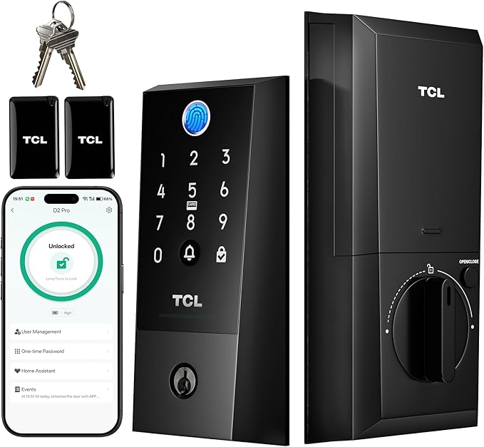 TCL D2 Plus Fingerprint Smart Lock, Wi-Fi Keyless Entry Door Lock, IP55 Weatherproof, Built-in Doorbell, Auto Lock, Easy Install, Black
