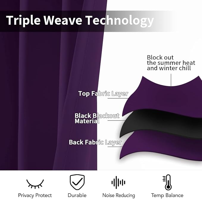 Yakamok Blackout Curtains 38x84 inch Purple Thermal Drapes-Bedroom | 1 panel - Image 4