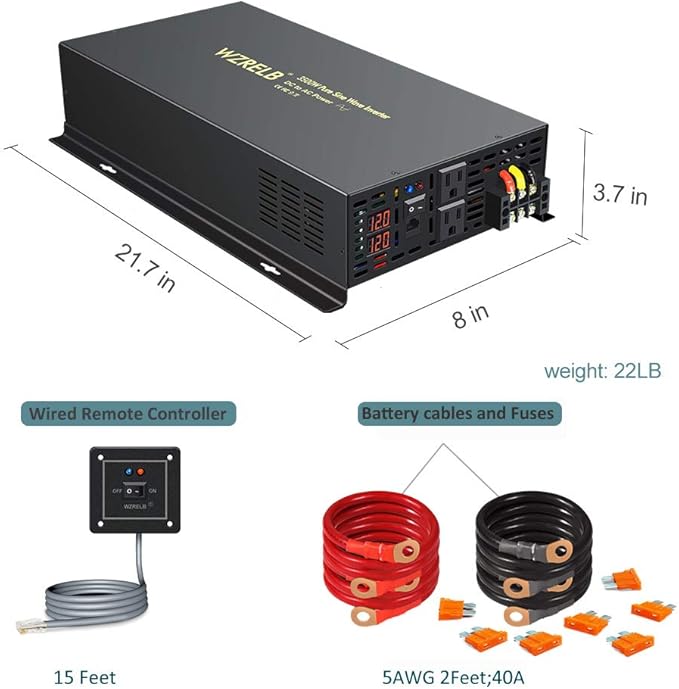 WZRELB 3500W 12VDC 120VAC Pure Sine Wave Power Inverter, 2 AC Outlets, Wired Remote Control, RV (RBP-350012WR)
