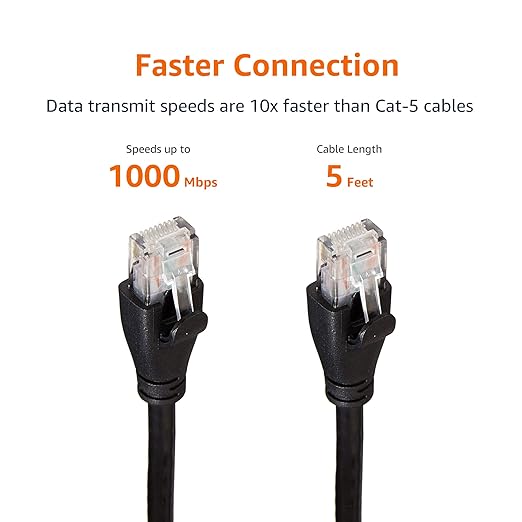 Amazon Basics RJ45 Cat 6 Ethernet Patch Cable for PC, TV, Tablet, Router, Printer, 1Gpbs Transfer Speed, Gold-Plated Connectors, 5 Foot, Black