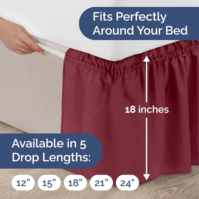 Wrap Around Dust Ruffle Bed Skirt - Burgundy - Twin/Twin XL Size Beds with 18 Inch Drop - Easy Fit Elastic Strap - Adjustable Pleated Bedskirt w/Brushed Fabric Wrinkle Free - Women, Men, Kids & Teens