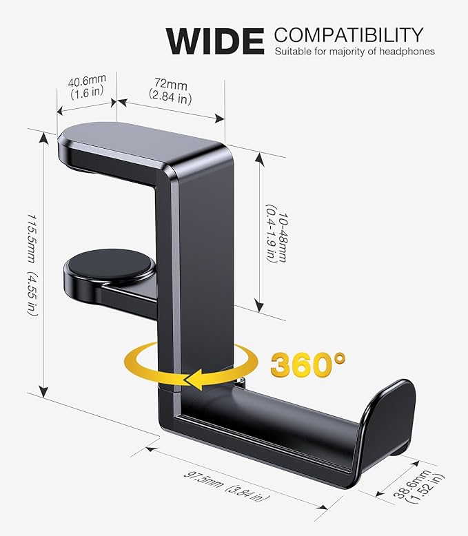 Coolpow Gaming Headphone Stand for Desk【360°Rotating】PC Headset Holder for Desk Hook Mount, Headset Stand Holder Clip Under Desk Headphone Hanger for Airpods Max, HyperX, Sennheiser All Headphone Size