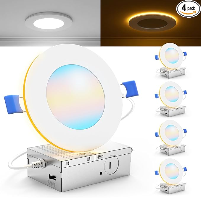 Sunco 4 Inch LED Recessed Lights with Night Light, Slim Ceiling Lighting, 900 LM, 11W (110W Equiv), Selectable CCT 2700K/3000K/3500K/4000K/5000K, Dimmable, Canless with Junction Box ETL 4 Pack.