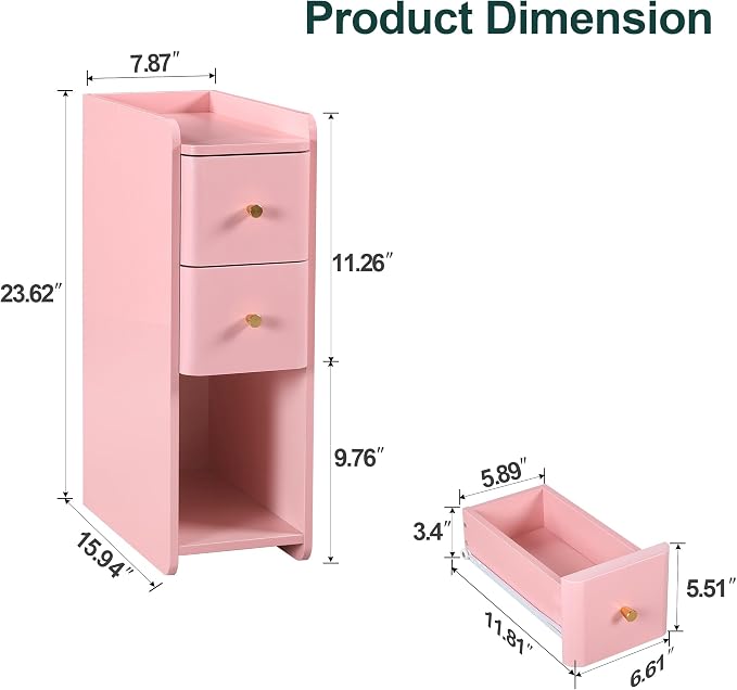 Narrow Nightstand Set of 2, Wooden Small 2 Drawer Nightstand, Slim Side End - Image 2