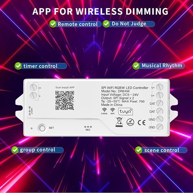 LOAMLIN DR04W RGBW SPI SMD COB 3PIN Addressable LED Strip 2.4GHz Tuya WiFi Controller, Support Alexa Google Home Smartphone APP Control Compatible with WR01RF RC03RFB Remote(No for WS2812B WS2811)