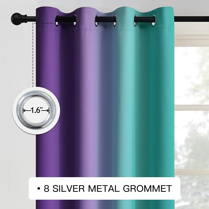 COSVIYA Grommet Room Darkening Ombre Teal and Purple Curtains W52xL54 inch | - Image 3