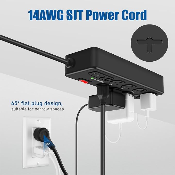 Heavy Duty Power Strip with USB,8 Outlet Workshop Metal Power Strip,PD20W USB C 15A 1200 Joules Surge Protection,Wide Spaced,10FT Cord