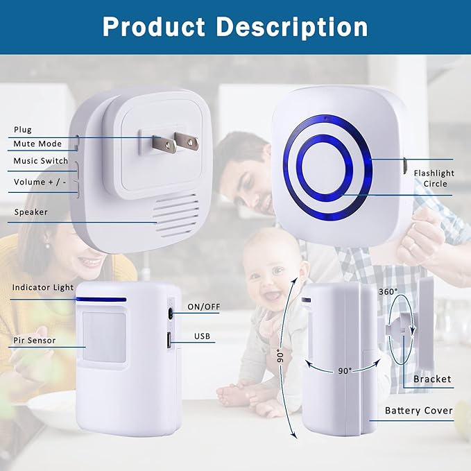 Motion Sensor Alarm - Seanme Wireless Driveway Alarm 100m Long Distance Signal Transmission, Home Security Alarm System Motion Sensor Doorbell with 38 Chime Tunes, 4 Volume Levels