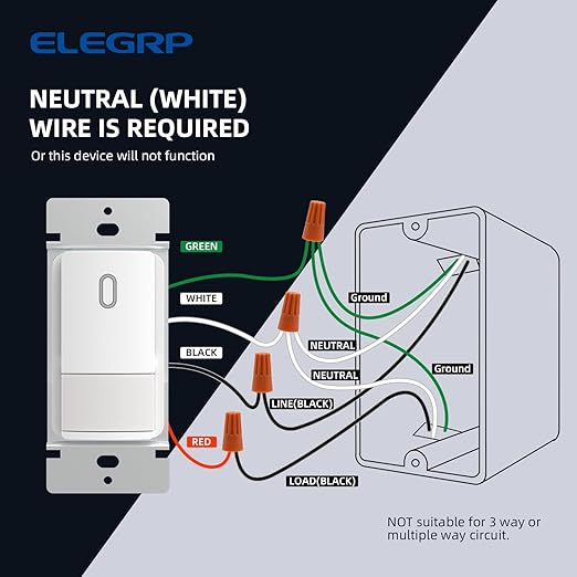 ELEGRP Matte White Single Pole Occupancy Motion Sensor Light Switch, Need Neutral Wire, 120° Sensor Coverage PIR Infrared Motion Activated, for CFL/LED/MLV/INC/HAL/Fan, UL,1 Pack