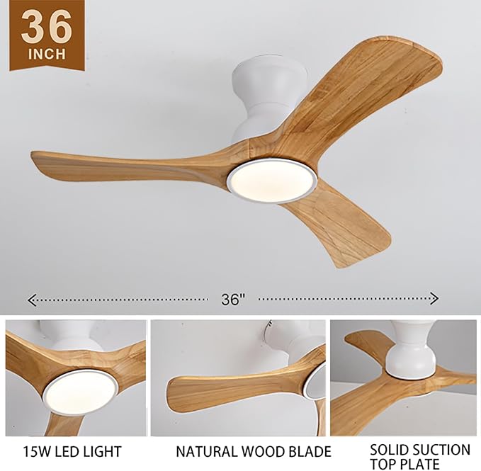 Gaizw Ceiling Fans with Lights, 36 inch Ceiling Fan with Remote Control, Wood 3 Blade Small Ceiling Light, Flush Mount Fans for Bedroom Dimmable,Noiseless Ventilation Fan