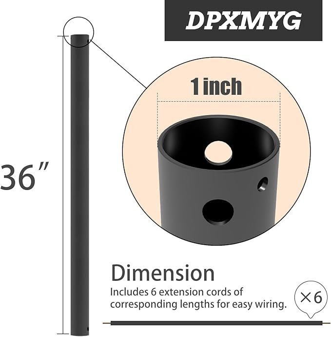 DPXMYG 36 inch Ceiling Fan Downrod with Extension Cord, 3 FT Black Downrod for Ceiling Fan, 1 inch Outside Diameter, Ceiling Fan Boom Suitable for a Wide Range of Fans (Black, Not Threaded)