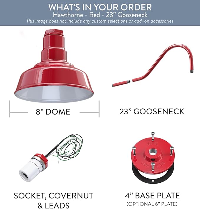 Steel Lighting Co. Hawthorne Barn Light | Outdoor Wall Mounted | 8 inch Dome | 23 inch Gooseneck| Small Farmhouse Light Made in America | Red Exterior/White Interior