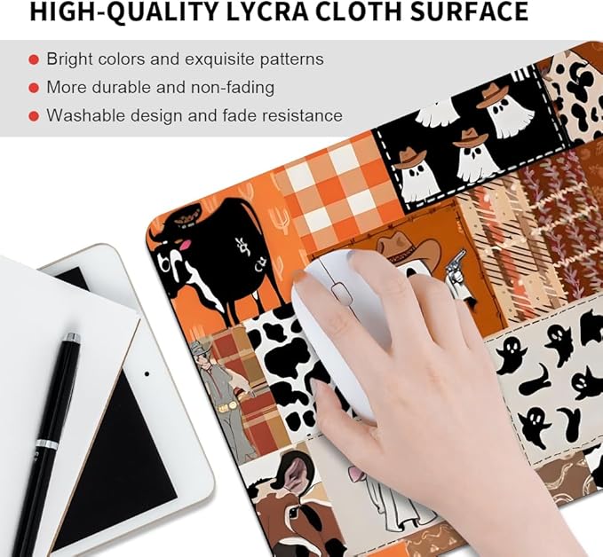 Ghost Cowboy Patchwork Halloween Square Mouse pad, Texture, Waterproof, Anti Slip Rubber Base, Computer Mouse pad, Laptop Mouse pad