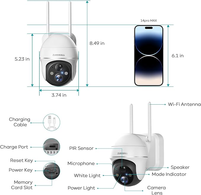 ZUMIMALL Security Cameras Wireless Outdoor, 360°View, 2K Battery Powered Cameras for Home Security, 3MP Color Night Vision, 2-Way Talk, IP66, AI Analysis, Cloud Storage, Alexa