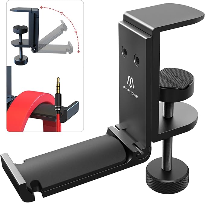 APPHOME Headphone Stand Hook for Desk, Foldable Under Table Headset Holder with Built-in Cable Clip Organizer, Clamp Hanger Mount for PC Gaming, Office, Backpack, Bag, Purse Hanging