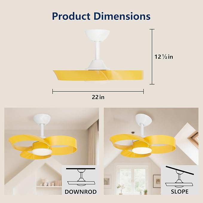 FANX 22 Inch Ceiling Fan with Light and Remote, Quiet DC Motor, Dimmable LED, Reversible 3-Speed Control, Easy Installation Flush Mount Fan for Small Rooms (Yellow)