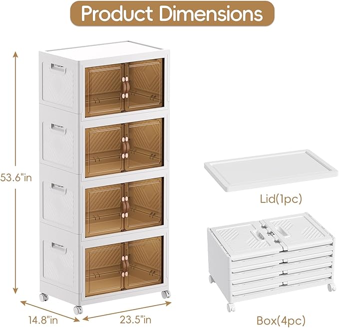 JEKO&JEKO 323Qt Stackable Storage Bins with Lids and Wheels, Foldable Collapsible Plastic Drawer Boxes for Clothes, Home, White, 4 Pack