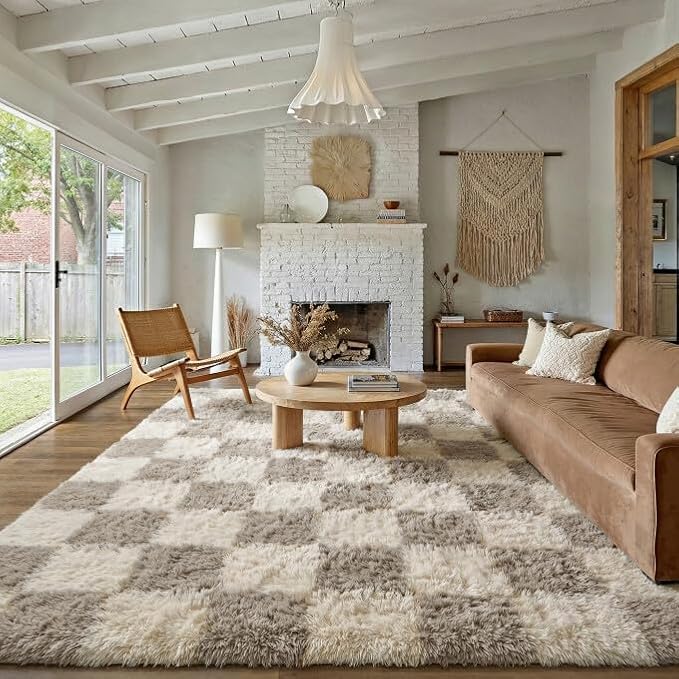 Grey 6x9 Area Rug for Living Room Soft Checkered Shag Carpet | Machine Washable by PureCozy
