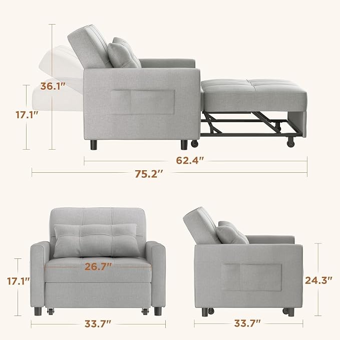 Aiho 34-Inch Sleeper Chair Bed, 3-in-1 Pull-Out Sofa Bed, Light Gray | - Image 2