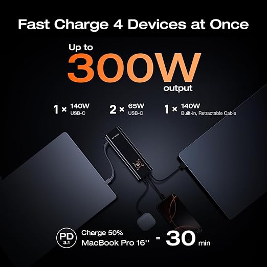 EF ECOFLOW Rapid Pro Power Bank (27650mAh, 300W Max Output, 140W Built-in Cable), 4-Port Portable Charger, TSA-Approved, Up to 320W Recharge, Compatible with MacBook, iPhone 17/16/15, Galaxy, Laptop
