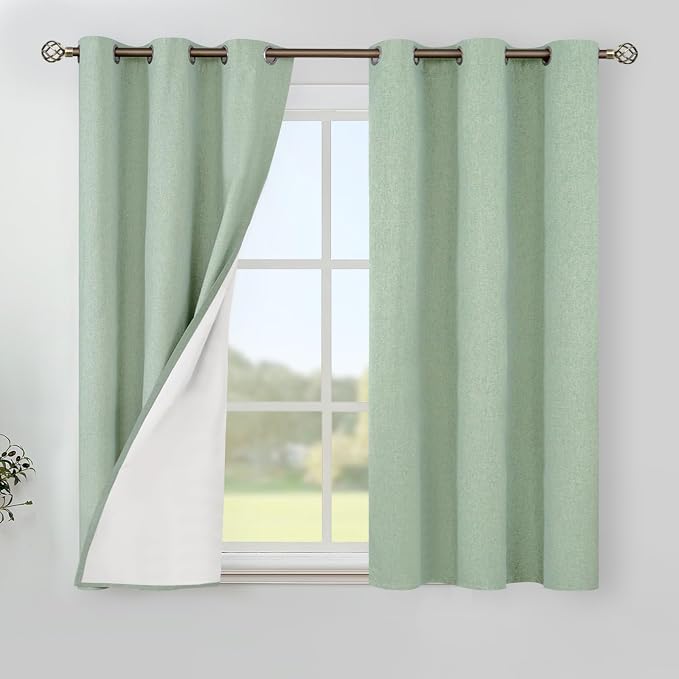 YoungsTex Light Green Linen Blackout Curtains 45 Inch Length, Short Thermal by YoungsTex