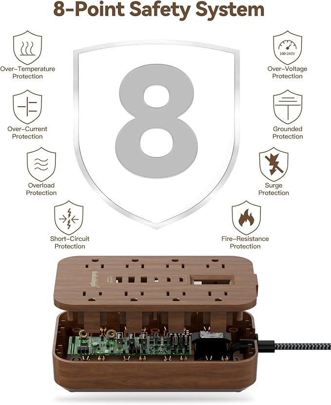 Walnut Power Strip with USB Ports - 5 FT Wood Power Strip, 1625W Decorative Extension Cord with 6 AC Outlet 3 USB, for Brown Tan Wood Walnut Grain Aesthetic Vintage Rustic Desk Accessories Decor