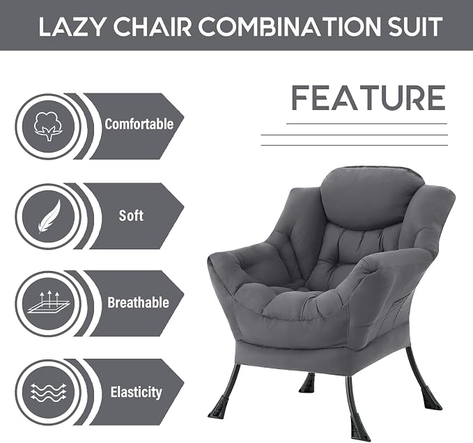 Lazy Chair with Ottoman, Comfy Accent Reading Chair, Dark Grey | Foldable - Image 5