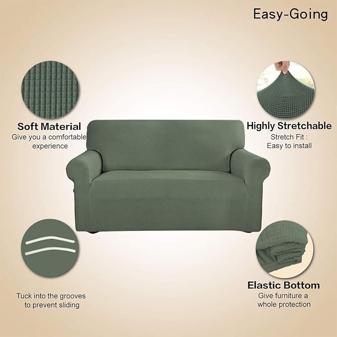Easy-Going Stretch Loveseat Slipcover 1-Piece Sofa Cover Furniture Protector Couch Soft with Elastic Bottom for Kids Polyester Spandex Jacquard Fabric Small Checks (Loveseat, Greyish Green)