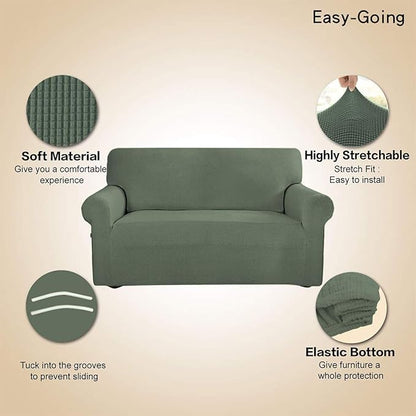 Easy-Going Stretch Loveseat Slipcover 1-Piece Sofa Cover Furniture Protector Couch Soft with Elastic Bottom for Kids Polyester Spandex Jacquard Fabric Small Checks (Loveseat, Greyish Green)