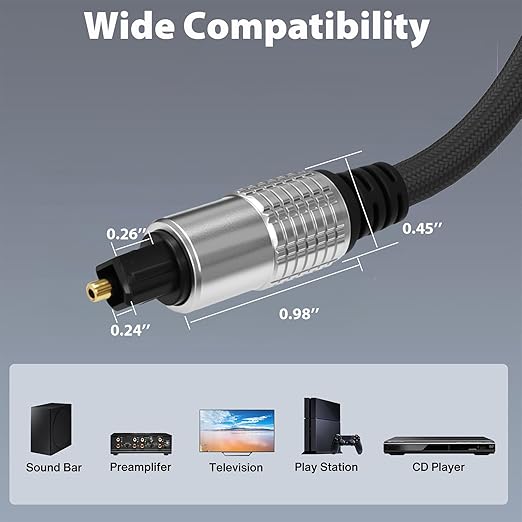 Cyberguys! Optical Audio Cable, Digital Optical Cable with Toslink Connectors, Braided Digital Audio Cables for Soundbar, TV, Receiver, Speaker, Xbox, PS5, Blu-Ray – Gold-Plated, 6ft