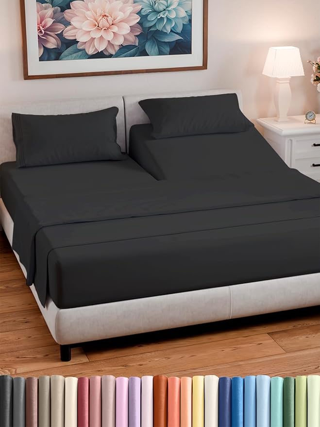 Split Head King Sheet Set – 4 Piece Flex Split Top King Sheets for Adjustable Beds - Fits 14” to 16" Mattress w/ Deep Pockets - Ultra-Soft, Breathable & Cooling - Luxury Bedding & Wrinkle Free - Black