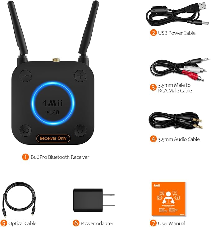 [Upgraded] 1Mii B06Pro Long Range Bluetooth Receiver, HiFi Wireless Audio Adapter, Bluetooth 5.2 Receiver with 3D Surround aptX HD Low Latency Optical RCA AUX 3.5mm Coaxial for Home Stereo System
