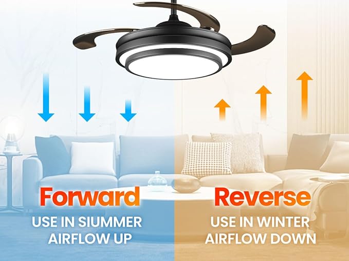 42 Inch Black Modern Ceiling Fan with Lights and APP Control,Retractable Fandelier Celing Fan with Light, 6 Speed,Light Dimmable Memory,Silent Reversible Motor for Bedroom Kitchen Living Room