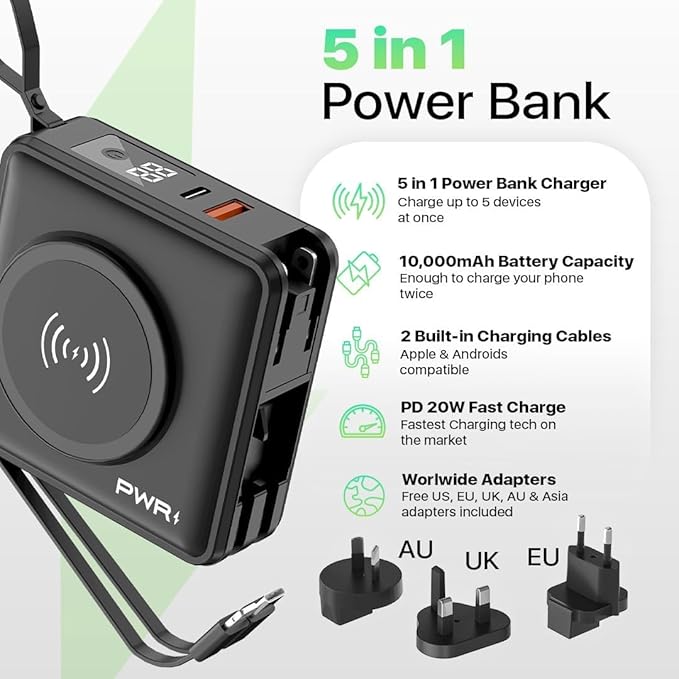 PWRMobile PWR Travel PRO 5-in-1 Power Bank – 10,000mAh with Built-in Cables – 20W USB-C + 15W Wireless Charging – Compact Portable Charger for iPhone & Android- Black