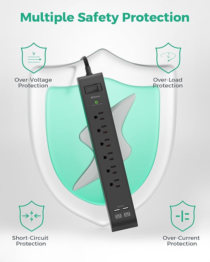 2 Pack Surge Protector Power Strip with 6 Outlets 4 USB Ports (2 USB C) 12-Foot Extension Cord Flat Plug 900 Joules 15A Circuit Breaker Wall Mount Desk USB Charging Station for Home Office