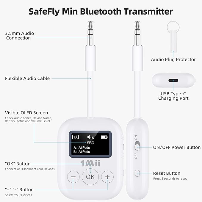 1Mii Airplane Bluetooth 5.3 Transmitter for All Headphones - Bluetooth Adapter for TV - Dual Connection - aptX Low Latency - Flying Travel, Wireless Audio Aux for MP3,Game,PC-White
