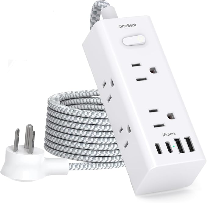One Beat Power Strip Surge Protector, 3Ft Short Extension Cord Flat Plug | 6 by OneBeat