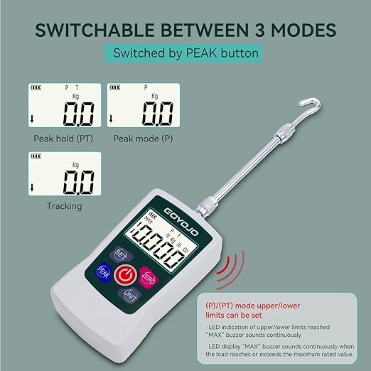 GOYOJO Digital Force Gauge High-Precision Push-Pull Meter for Tension & Compression Testing Units (N, kg, lb, oz) Real-Time/Peak/First Peak Modes Ideal for Quality Control & Material Testing (30N)