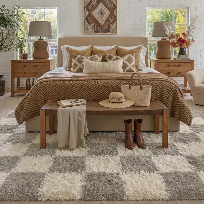Grey 9x12 Area Rug for Living Room Soft Checkered Shag Carpet | Machine Washable - Image 3